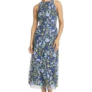 Women's Garden Embroidered Mesh Halter Midi Dress-Perfect for Wedding Guest & Special Occasions