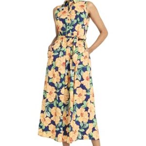 Women's Button Front Sleeveless Midi Length Belted Pockets-Collared Neck-Summer Wedding Guest Dress